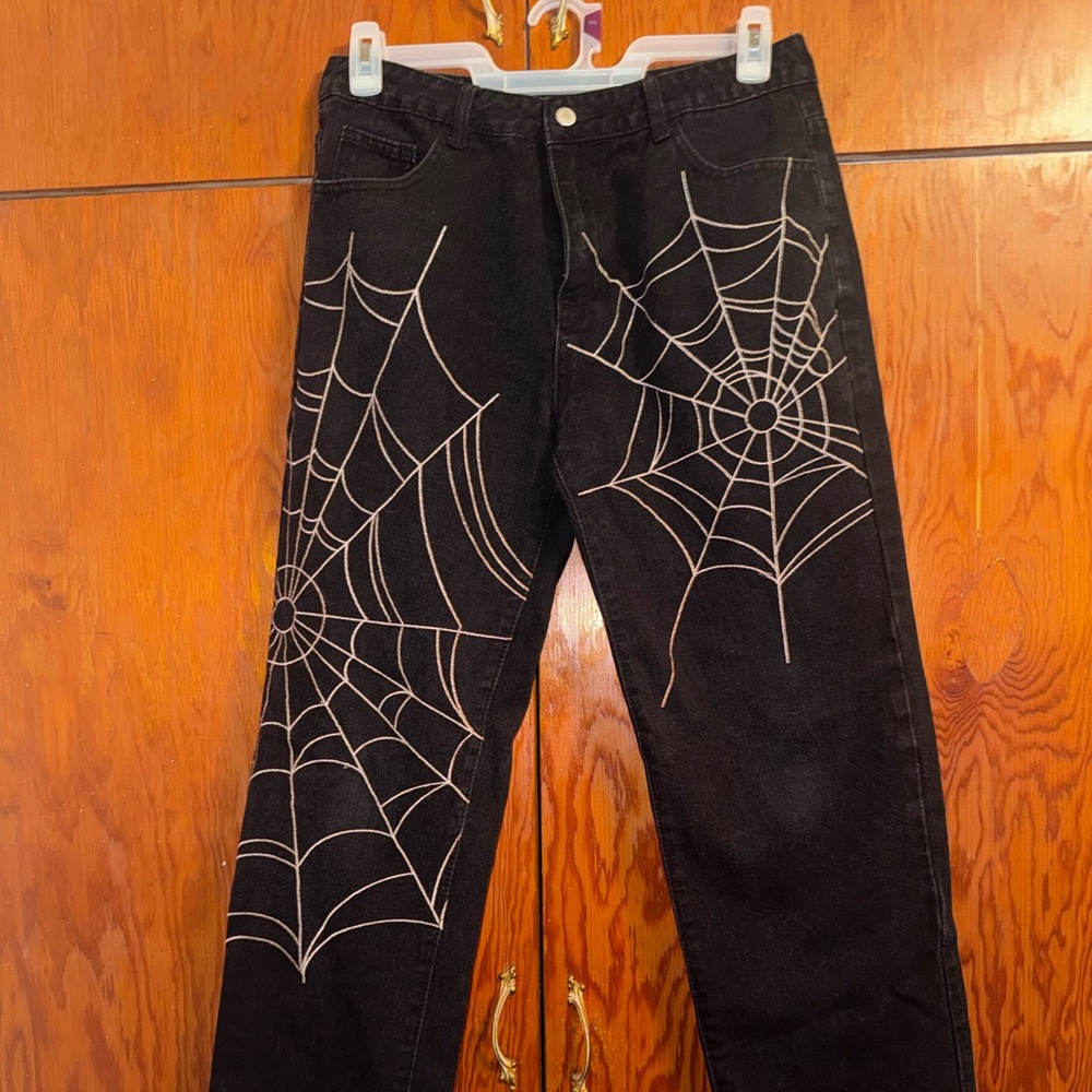 Black Spider Web Design Wide Leg Jeans